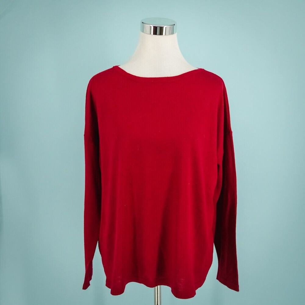 J. Jill Size Large L Red Washable Merino Wool Boat Scoop Long Sleeve Sweater